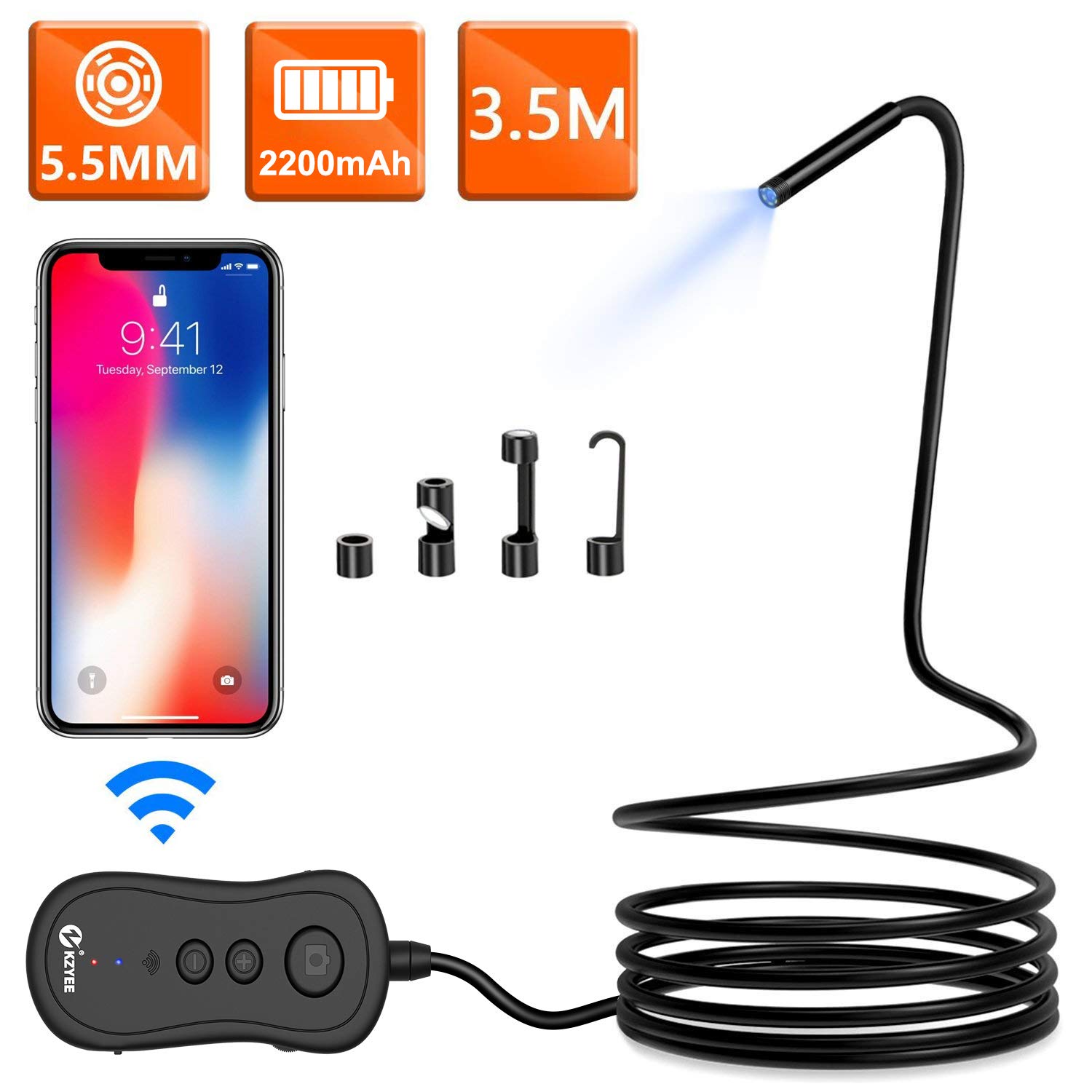 KZYEE 5.5mm 2.0MP 1080P HD Zoom WiFi Borescope Wireless Endoscope 11.5FT 2200mAh Semi-Rigid Snake Inspection Camera for Android & iOS Smartphone Tablet 